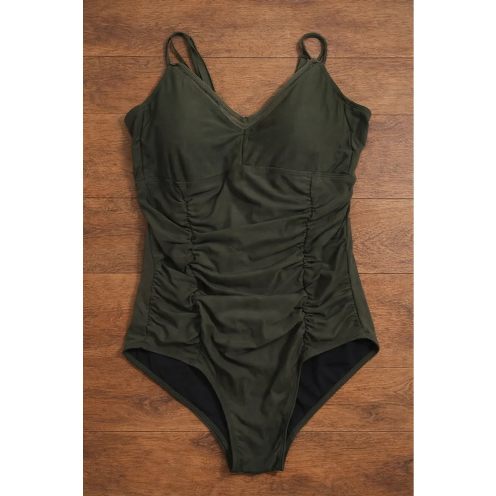 Torrid One Piece Swimsuit Size 2 Olive Green Ruched Mesh V Neck Plus - Picture 6 of 7